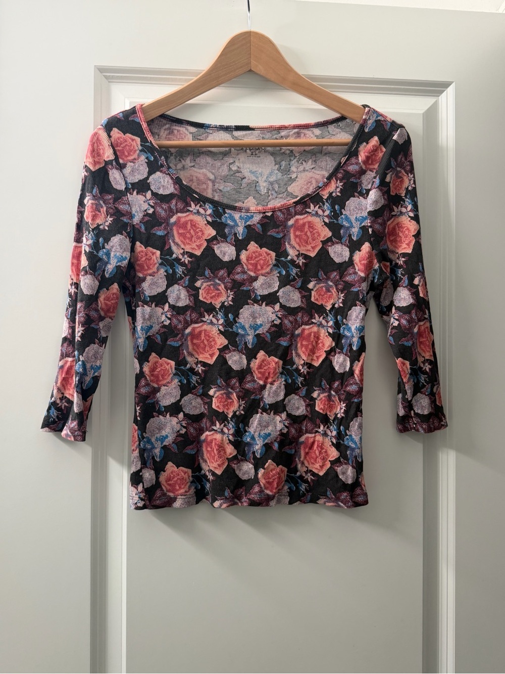 Mudd Black Floral Scoop Neck Long Sleeve Top with Pink and Blue Roses